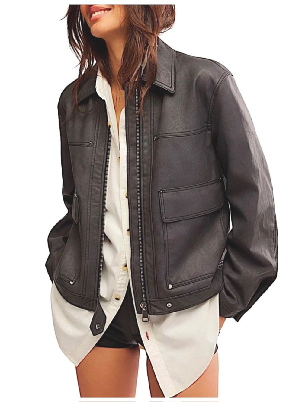 NWOT Free People Blair Faux Leather Jacket in Charcoal Combo Size M